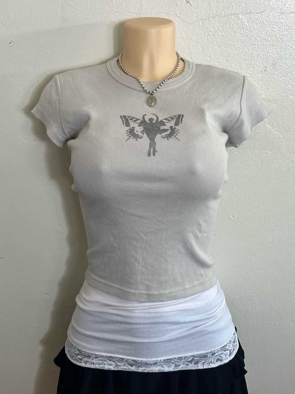 Brandy Melville Light Gray Butterfly Graphic Crew Tee
